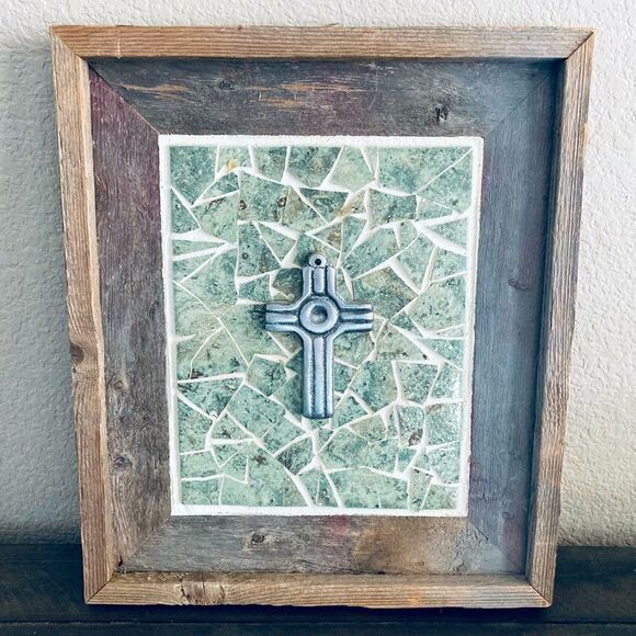 Reclaimed Wood Mosaic Tile Cross Christian Wall Decor - Picture 1 of 4